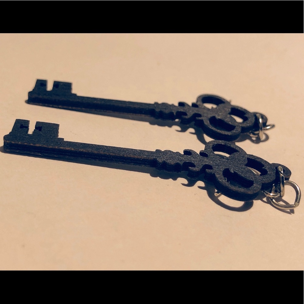 3/$15 Black Wooden Skeleton Key Earrings